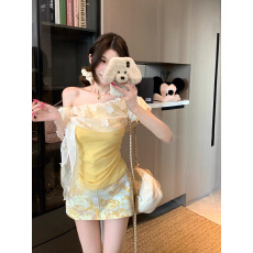 批发韩系黄色花朵<b class='q'>网纱</b>斜肩一字肩短袖T恤女装夏季设计感绝美短款上衣