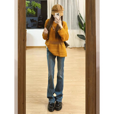 批发韩系慵懒松弛感气质巨好看复古橘色镂空罩衫长袖上衣针织