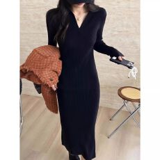 批发2025显身材Polo领针织连衣裙秋高级感复古<b class='q'>修身</b>内搭打底开叉包臀裙