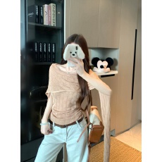 批发实拍实价 飘带斜肩镂空针织T恤女夏季修身收腰<b class='q'>显瘦</b>内搭上衣