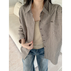 批发实拍  咖<b class='q'>格子</b>衬<b class='q'>衫</b>女2026新款宽松长袖衬<b class='q'>衣</b>上衣