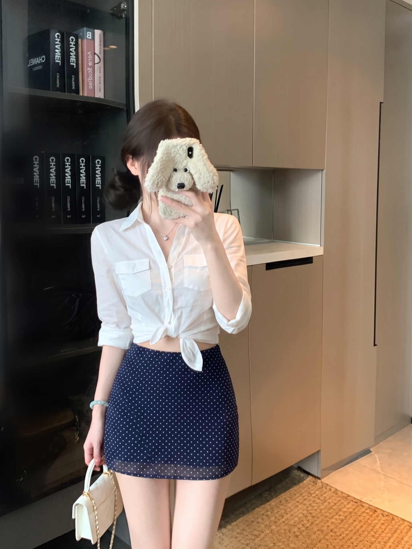 BY29222# 韩系翻领收腰五分袖衬衫波点撞色A字半身裙夏季两件套女  服裝批發女裝批發服飾貨源