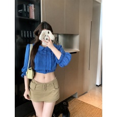 批发实拍实价 娃娃领中袖衬衫女新款设计感修身衬衣气质短款露脐<b class='q'>上衣</b>