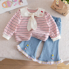 批发女宝宝2026春季新款舒适甜美学院风上衣儿童时尚长袖可爱条纹上衣