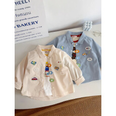 儿童可爱衬衫~ 春秋款日系男童棉梭织上衣宝宝翻领飞机刺绣衬衣