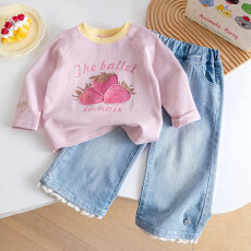 女童草莓印花长袖T恤+蕾丝边牛仔裤春秋儿童甜美两件套春秋套装