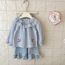 批发女童2026新款春装套装韩版格子衬衫洋气百搭花边牛仔裤春装两件套