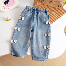 批发韩系女童早春甜美百搭<b class='q'>牛仔裤</b>2026新款宝宝立体蝴蝶结装饰直筒长裤