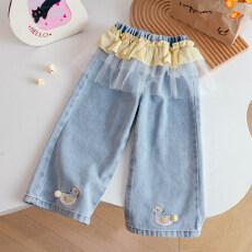 批发韩国<b class='q'>女</b><b class='q'>童</b><b class='q'>春季</b><b class='q'>小鸭</b><b class='q'>阔腿裤</b><b class='q'>202</b>6新款洋气纱裙拼接屁帘卡通刺绣<b class='q'>牛仔裤</b>