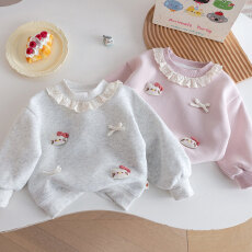 批发女童卡通卫衣2026新款蕾丝领猫咪刺绣上衣可爱休闲韩版