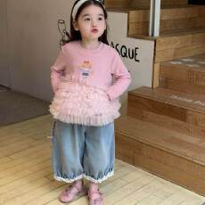 批发童装2026春装宝宝洋气网纱<b class='q'>T</b><b class='q'>恤</b>印花上衣牛仔裤幼儿园小朋友春装新