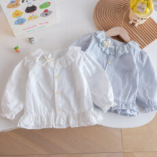 批发<b class='q'>女童</b>春<b class='q'>款</b>百搭蕾丝花边娃娃衫2026新款甜美小清晰出街荷叶摆衬衫衣