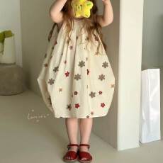 批发韩系<b class='q'>女</b><b class='q'>童</b>夏季甜美可爱风小花印花吊带连衣裙宽松中长裙洋气公主裙