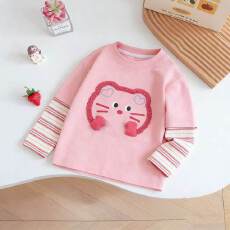 批发26新款女童可爱假两件小童开春长袖T恤女<b class='q'>宝宝</b>打底衫撞色卡通上衣