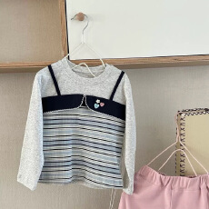 女童长袖2026春季新款舒适假两件上衣女宝宝休闲甜美洋气条纹上衣
