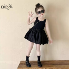 柠里女童黑色露背无袖连衣裙儿童女宝宝花苞裙夏季新款背心公主裙