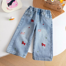 批发韩国萌系卡通小狗<b class='q'>女</b><b class='q'>童</b>春季裤新款刺绣<b class='q'>宽松</b>清新甜美百搭阔腿牛仔裤