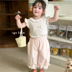 批发<b class='q'>童</b>装2026夏新款女<b class='q'>童</b><b class='q'>小童</b>韩<b class='q'>版</b>卡通花边飞袖T恤蕾丝棉布灯笼裤
