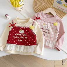 批发韩版<b class='q'>女童</b>假<b class='q'>两件</b>波点蕾丝花边T恤套装<b class='q'>春秋</b>甜美公主洋气百搭打底衫