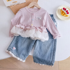 批发2026春季新款女<b class='q'>童</b><b class='q'>甜美风</b>花边<b class='q'>针织</b>开衫+花边牛仔裤两件套洋气<b class='q'>套装</b>