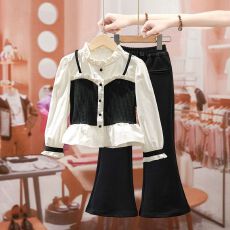 女童秋装套装2026新款儿童韩系穿搭大童女孩洋气衬衫喇叭裤两件套