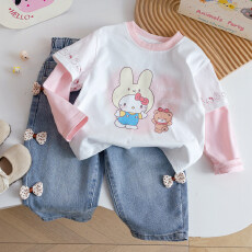 批发2026春秋<b class='q'>女童</b>假<b class='q'>两件</b>长袖<b class='q'>T</b><b class='q'>恤</b>宝宝兔子印花宝宝洋气打底衫上衣春