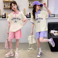 批发女童夏季新款学院风时尚polo领两件套中小学生女孩短袖短裤<b class='q'>套装</b>