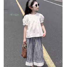 女童夏装韩版时髦套装2026新款女大童镂空短袖T恤儿童宽松格子裤