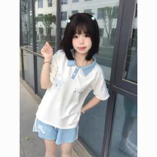 批发女童短袖套装夏季学生学院风甜美<b class='q'>儿童</b>装polo衫t恤短裤时尚两件套