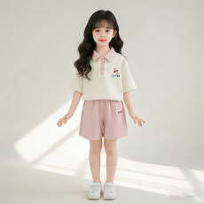 批发女童夏季超好看甜美风两件套女孩polo领短袖短裤洋气休闲运动<b class='q'>套装</b>