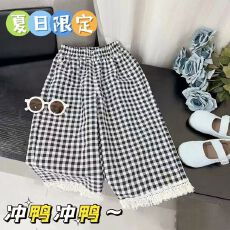 批发<b class='q'>女</b>童<b class='q'>202</b>6<b class='q'>夏季</b>儿童格子裤小清新花边阔腿裤子韩系时尚居家防蚊爆款