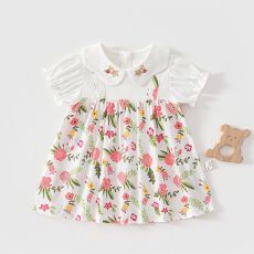 批发夏季纯棉薄款女宝宝短袖裙子可爱公主风外出女童短袖时尚连衣裙