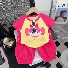女童夏季卡通短袖套装2025新款超萌宝宝洋气时髦休闲长裤两件套潮