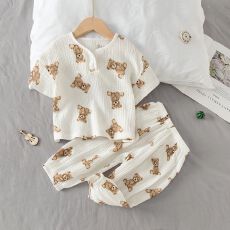 批发儿童家居服夏季薄款男童女童短袖套装可外穿<b class='q'>小童</b>空调服宝宝睡衣夏