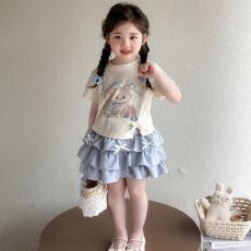 批发<b class='q'>女童</b>夏<b class='q'>装</b>套装独特甜美女宝宝卡通T恤短<b class='q'>裙</b>两件套2026新款夏季童装