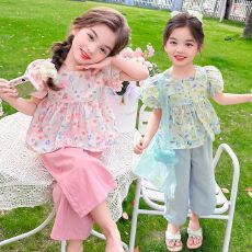 批发女童夏季套装2026新款儿童薄款洋气碎花短袖夏装<b class='q'>宝宝</b>娃娃衫两件套