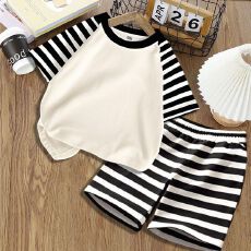 批发条纹拼接套<b class='q'>装</b>夏季新款儿童100%纯棉短袖家居服