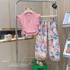 批发女童套装2026夏季新款韩版洋气木耳边T恤油+画碎花裤子女宝两件套