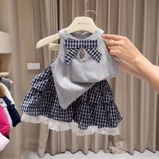 批发<b class='q'>女</b><b class='q'>童</b>2026夏季新款学院风格子蝴蝶结套装无袖上衣蕾丝半身裙两件套