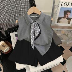 批发送丝巾<b class='q'>女童</b>夏<b class='q'>季</b>2026休闲新款套装儿童中大童洋气短裤时髦两件套