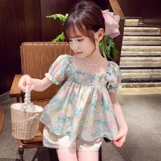 批发女童泡泡袖公主上衣女孩夏装2026新款洋气儿童韩版水墨油画娃娃衫