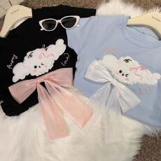 批发夏季新款儿童可爱小狗t恤蝴蝶结时髦百搭卡通女童短袖上衣潮