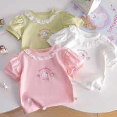 可爱女宝宝短袖T恤新款夏天休闲时尚上衣花边圆领百搭女童打底衫