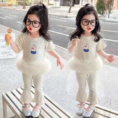 夏季女童可爱花边T恤女孩洋气甜美网纱拼接新款波点童短袖套装潮