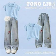 批发<b class='q'>女童</b>学院<b class='q'>风</b>套装夏装2026新款儿童短袖T恤夏季女大童阔腿裤两件套