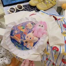 批发女童纯棉T恤夏季蕾丝立体玩偶拉布布短袖男女宝宝labubu儿童上衣