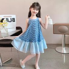 批发女童无袖连衣裙夏季洋气儿童挂脖公主裙小女孩海边度假沙滩吊带裙