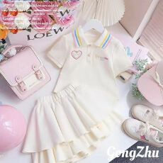 批发女童夏季翻领短袖套装儿童运动夏装中大童休闲Polo领学院风半身裙