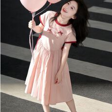 批发纯棉女童连衣裙夏季新款女宝宝洋气字母印花蝴蝶结甜美短袖公主裙