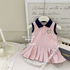 批发女童夏季粉色小熊学院风裙宝宝polo背心裙子时尚女宝宝连衣裙